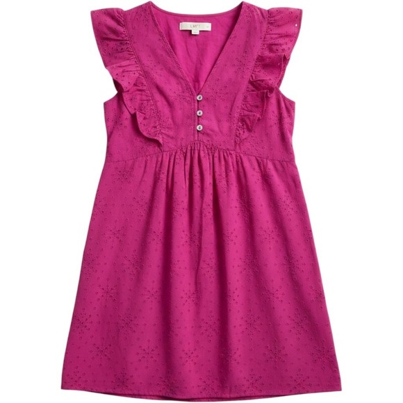 LOFT Dresses & Skirts - LOFT Raspberry Pink Eyelet Button Front Puff Sleeve Babydoll Mini Dress - XS/P